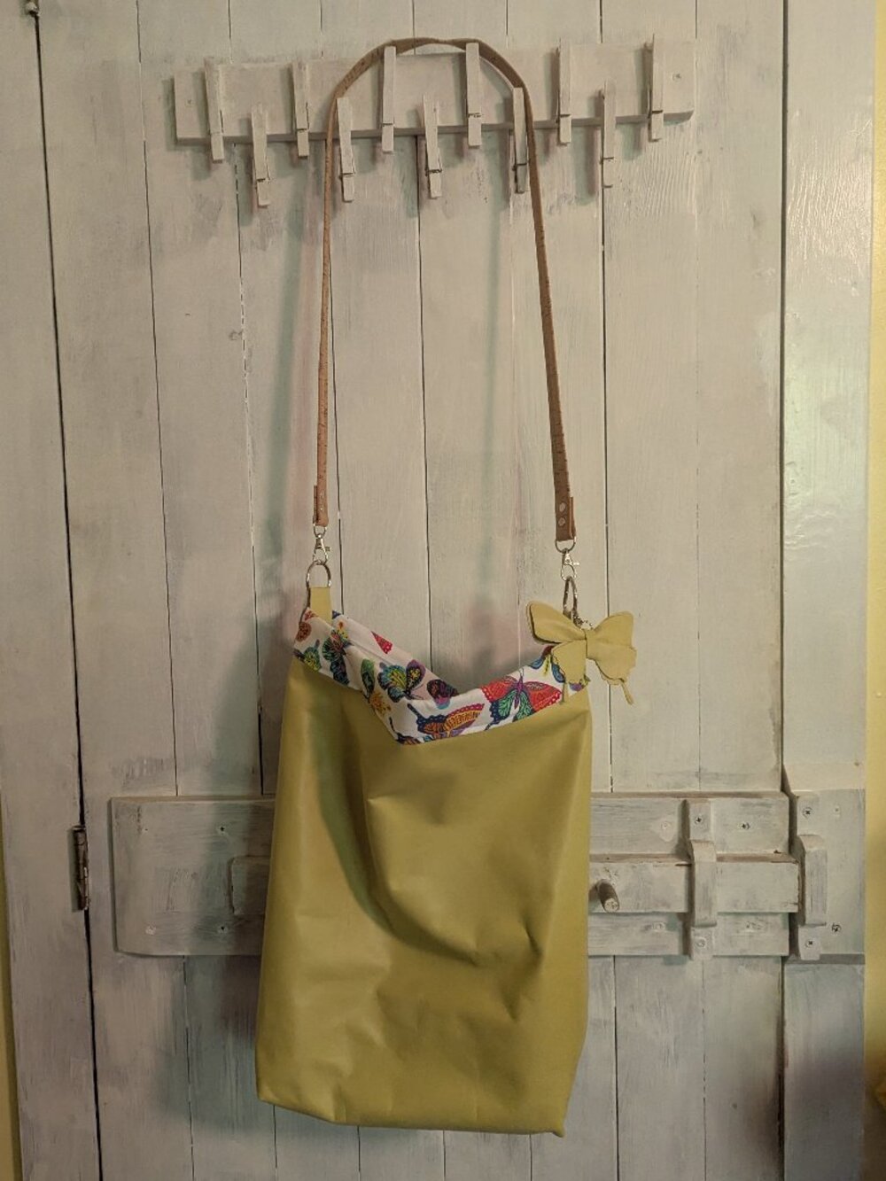 Leather Tote Bag with Cork Handle lined with butterfly cotton